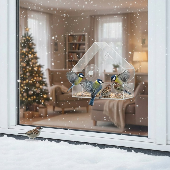 KARMNIK DLA PTAKÓW PRZEZROCZYSTY NA SZYBĘ OKNO NA ZIARNO SŁONECZNIK