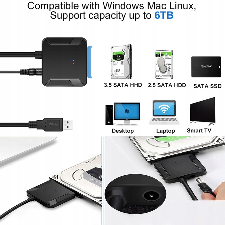 Adapter SATA USB, USB 3.0 na SATA III, adapter do dysku twardego 2,5" 3,5"