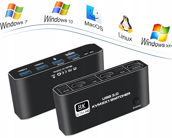 Przełącznik KVM HDMI 2.1 Konsola Switch 4K 120Hz 8K 2 4xUSB 3.0 2xPC 1Ekran