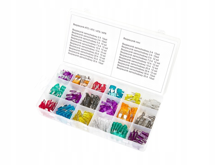 ZESTAW BEZPIECZNIKÓW SAMOCHODOWYCH 220 SZT. MINI MAXI 2-35A