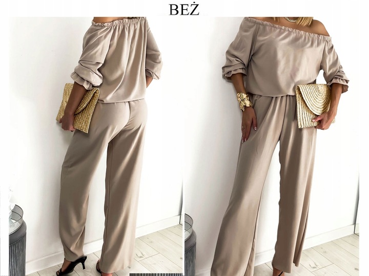 Komplet damski spodnie OVERSIZE kieszenie bluzka hiszpanka lekki S/M