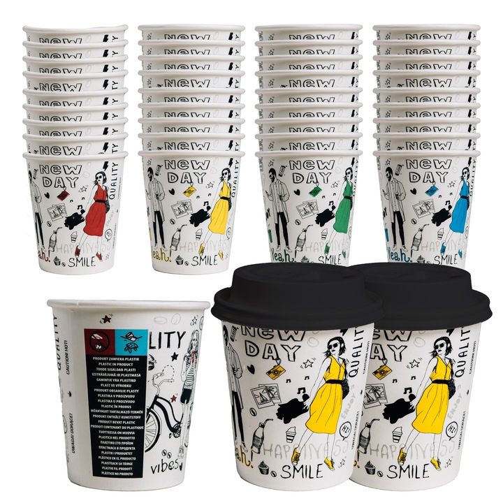 Kubki Papierowe Do Goracych i Zimnych Napojów 250ml Nadruk+ pokrywki 100szt