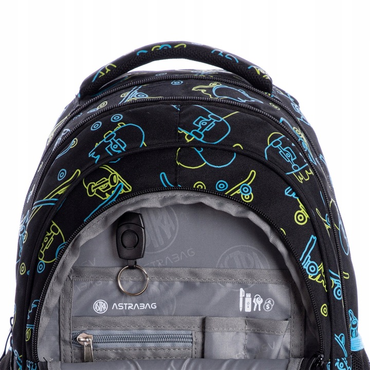 Plecak trzykomorowy Astrabag z motywem deskorolek świecących w ciemności