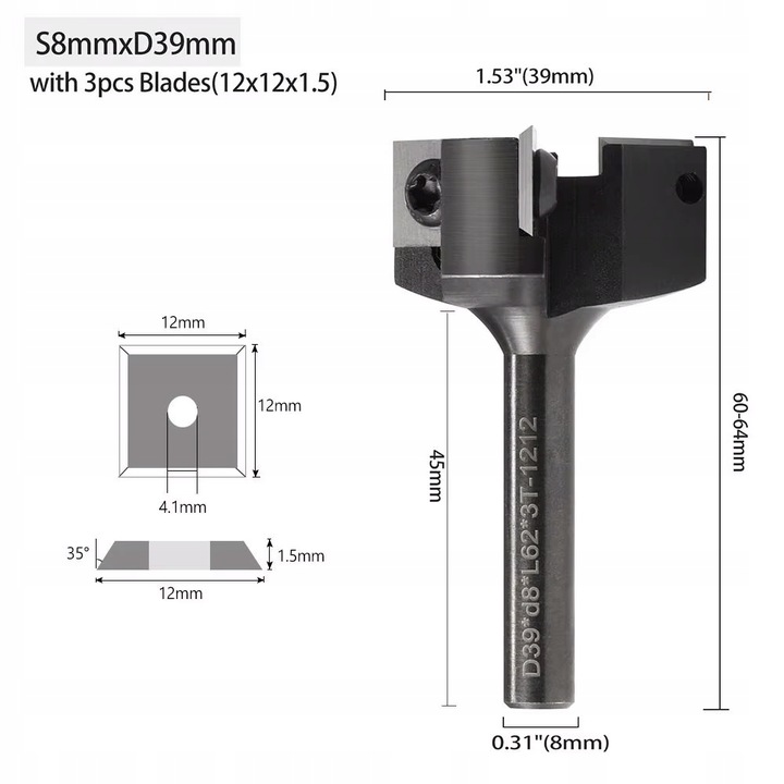 Frez do planowania drewna z wymiennymi płytkami | fi 39 mm x 8 mm | 3P