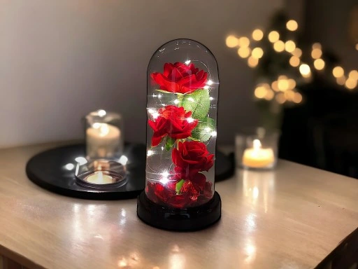 WIECZNA RÓŻA W SZKLE W KOPULE ŚWIECĄCA NA WALENTYNKI LED PREZENT PUDEŁKO