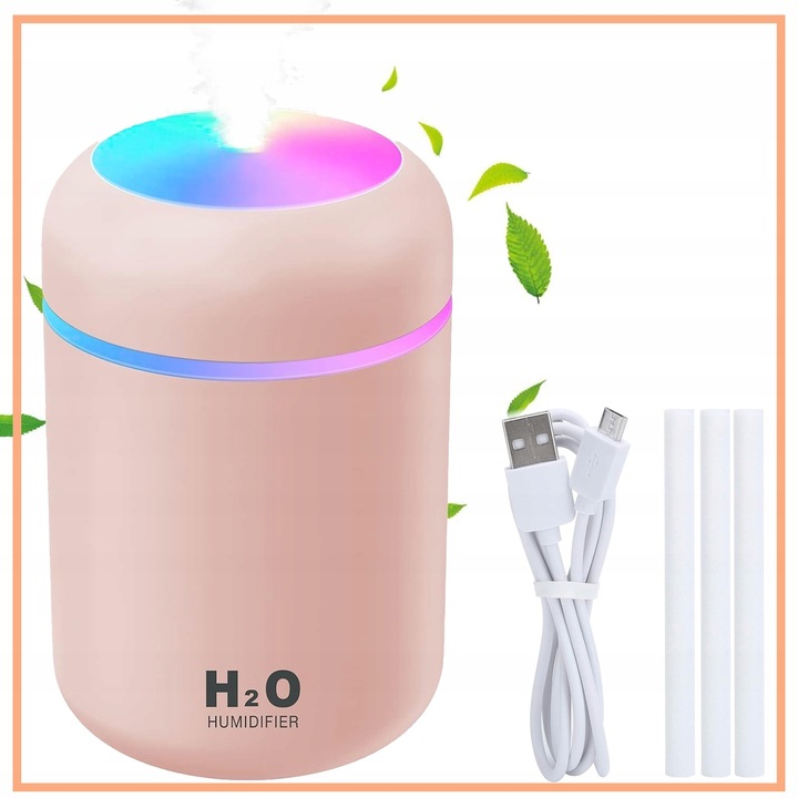 Nawilżacz Powietrza Do Biura Do Auta Aromaterapia 3w1 300ml RÓŻOWY