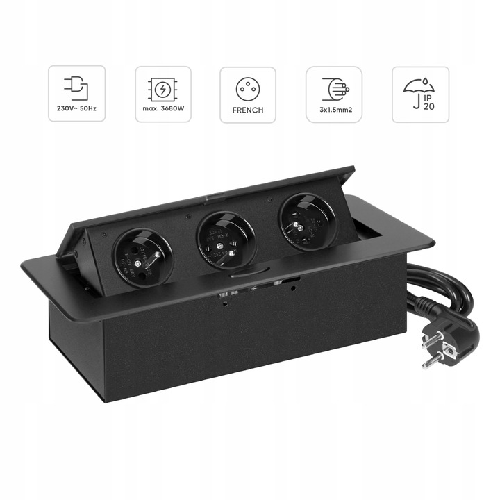 gniazdo wpuszczane chowane w blat potrójne stalowe czarne gniazdo