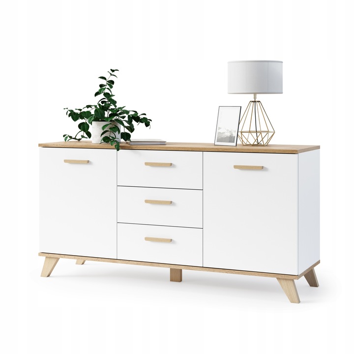 KOMODA SZAFKA RTV 3 SZUFLADY DRZWI POJEMNA BIAŁY MAT DĄB WOTAN SCANDI