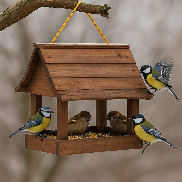 Karmnik dla ptaków + ziarno pokarm duży drewniany budka solidny XXL