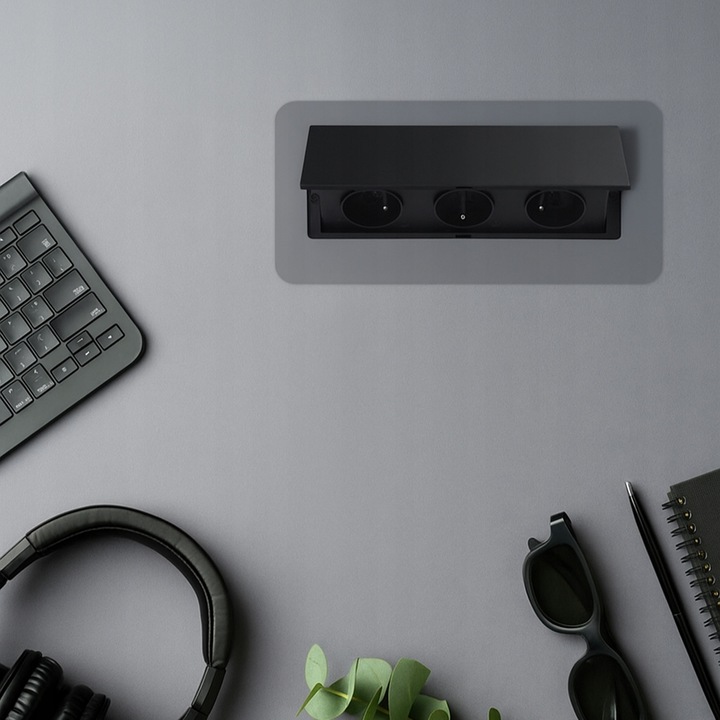 GNIAZDO ELEKTRYCZNE POTRÓJNE CHOWANE W BLAT NABLATOWE GNIAZDKO CZARNE