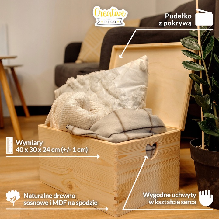 Pudełko drewniane z uchwytami w serca skrzynka do przechowywania 40x30x24cm