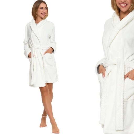 Moraj Puchaty Krótki Szlafrok Damski Wiązany w Talii 6000-001 Ecru L