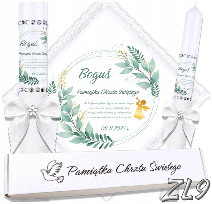 Biała szatka i świeca do chrztu ECO imię i data BOHO gromnica pudełko