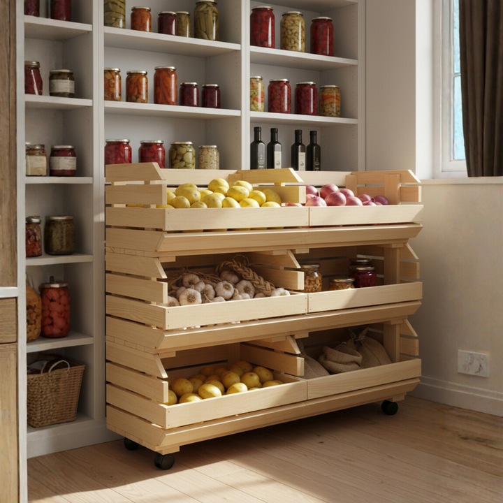 Wózek na WARZYWA OWOCE na KÓŁKACH Regał MODUŁOWY Pojemnik Drewniany