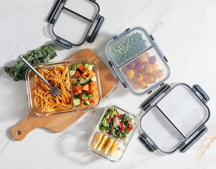 LUNCHBOX POJEMNIK SZKLANY NA ŻYWNOŚĆ ZESTAW 3SZT DWUKOMOROWE HERMETYCZNE