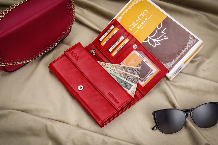 Damski Czerwony Gracio Portfel Skóra Naturalna BIG