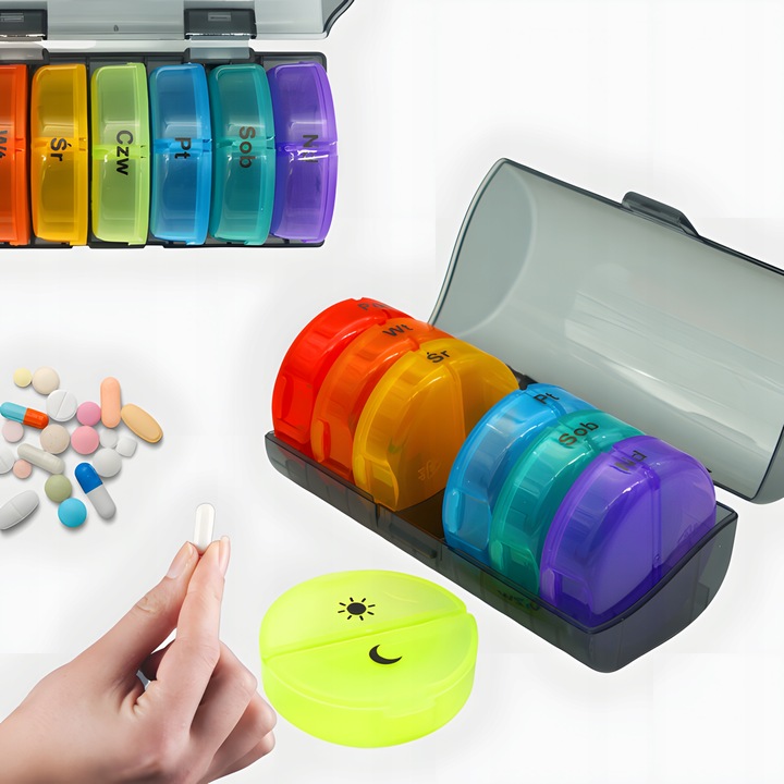 POJEMNIK PUDEŁKO KASETKA ORGANIZER NA LEKI 7 DNI POLSKIE NAPISY