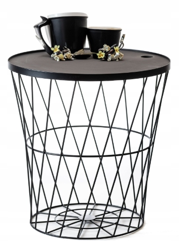 STOLIK KAWOWY METALOWY KOSZ DRUCIANY Z POKRYWĄ OKRĄGŁY CZARNY OZDOBNY