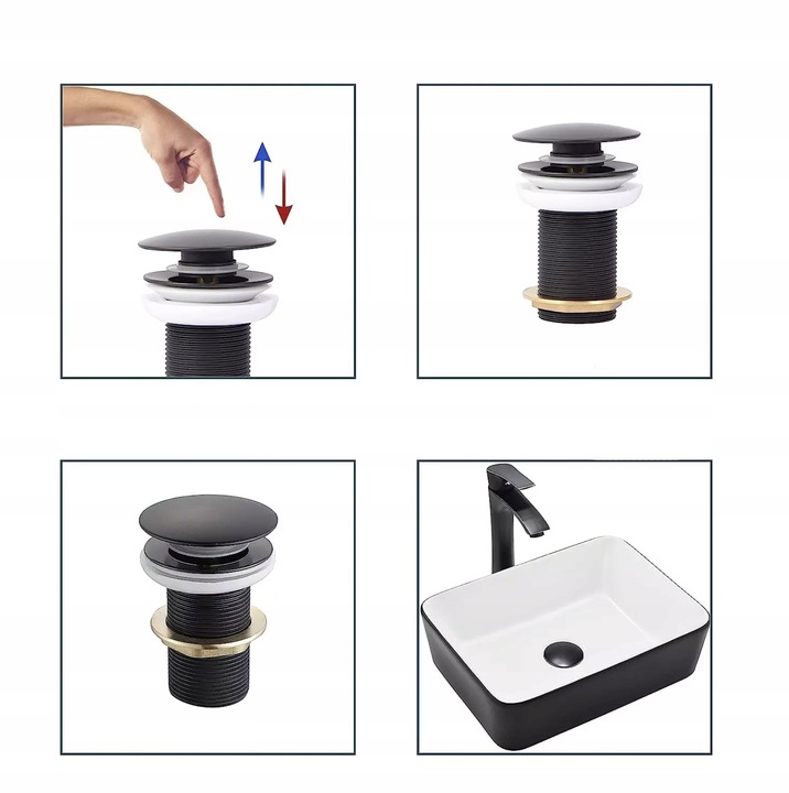 KOREK UMYWALKOWY KLIK-KLAK AUTOMAT BEZ PRZELEWU MOSIĘŻNY CZARNY SATYNOWY