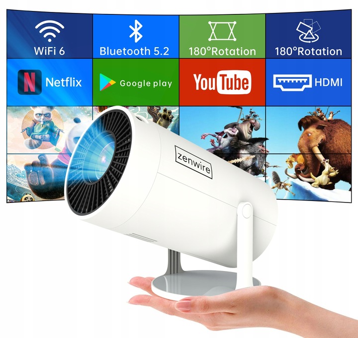 PRZENOŚNY MINI PROJEKTOR ANDROID 12 WiFi RZUTNIK 360 FULL HD 4K Bluetooth