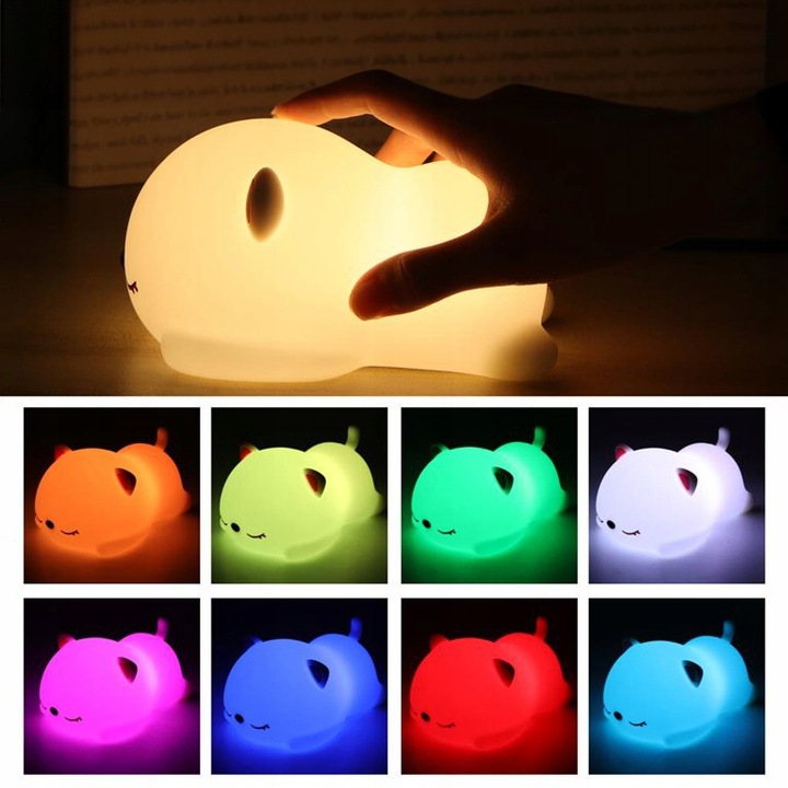 LAMPKA NOCNA DLA DZIECI KOLOROWA SILIKONOWA KOTEK LED RGB USB 16 KOLORÓW