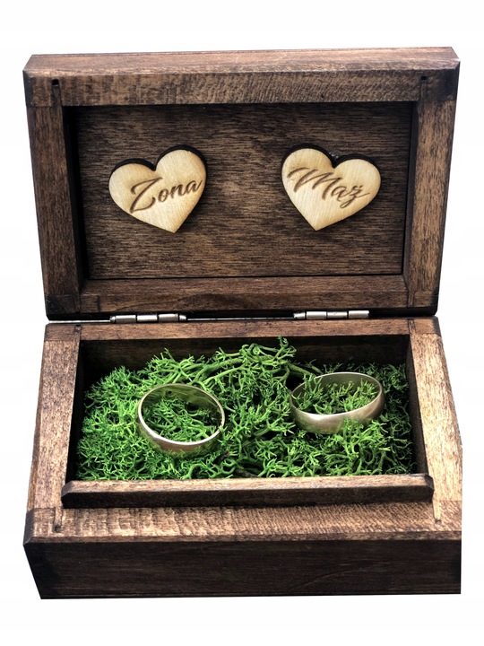 DREWNIANE PUDEŁKO NA OBRĄCZKI BRĄZOWE MECH ŚLUB