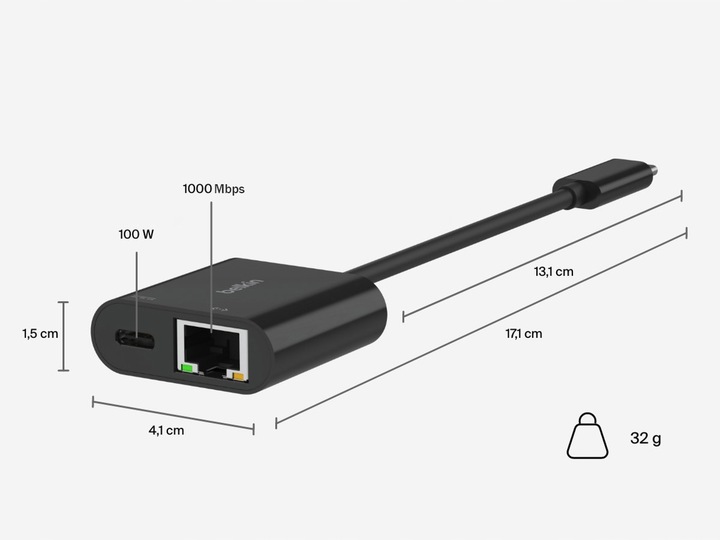Adapter z ładowaniem USB-C PD 3.0 100W do GB Ethernet, Belkin przejściówka