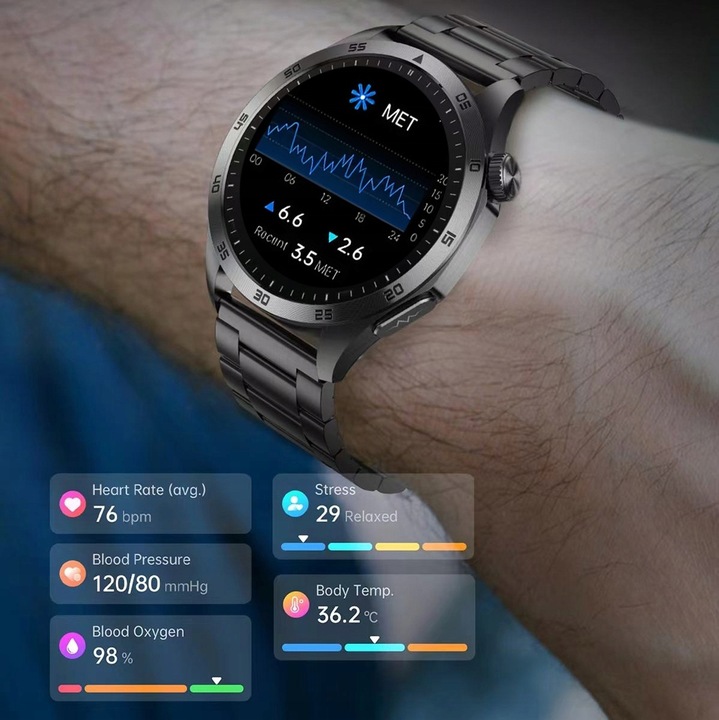 ZEGAREK MĘSKI SMARTWATCH DLA SENIORA EKG POMIAR CUKRU CIŚNIENIE TEMPERATURA