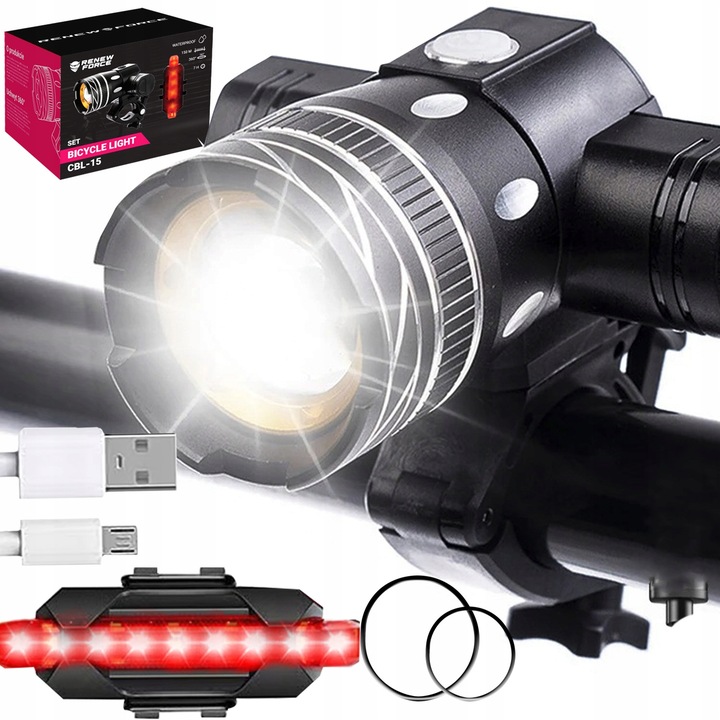 Lampa Rowerowa Przednia + Tylna na Kierownicę Akumulatorowa USB Latarka LED