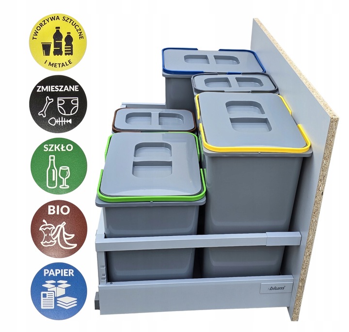 Zestaw koszy na śmieci 71L do szuflady szafki 80 cm Blum 5 poj. na