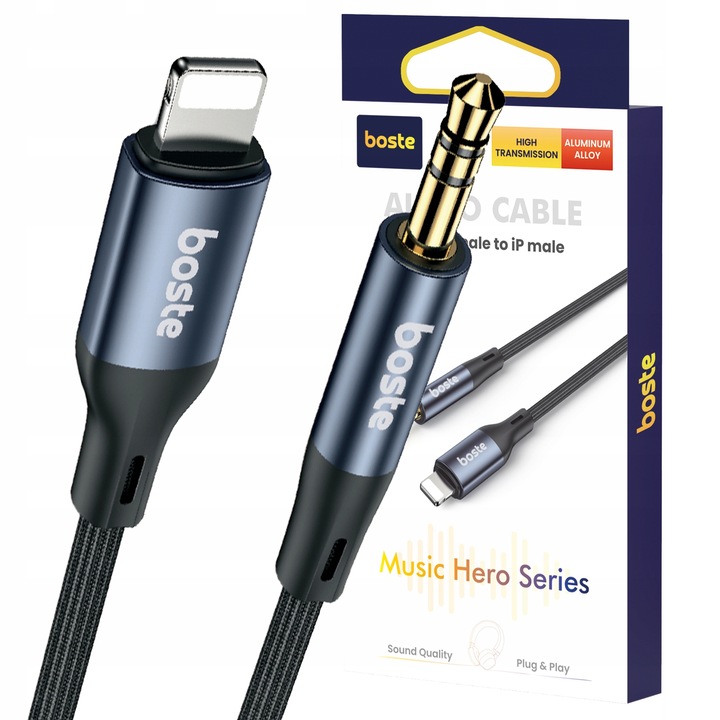 BOSTE KABEL ADAPTER PRZEJŚCIÓWKA AUDIO LIGHTNING DO IPHONE MINI-JACK AUX 1M