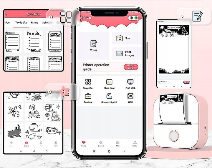 Phomemo T02 mini drukarka termiczna do zdjęć notatek etykiet różowa