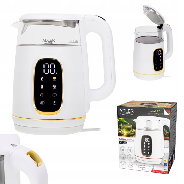 Czajnik elektryczny szklany LED 1,7L 2200W Regulacja temperatury Adler