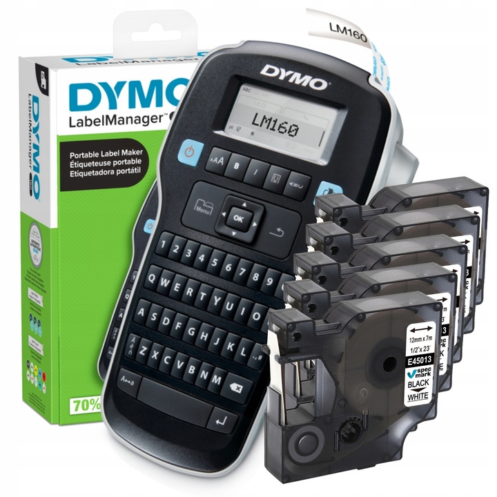 Drukarka etykiet DYMO LabelManager 160 LM160 + 5 taśm D1 45013 biała 12mm