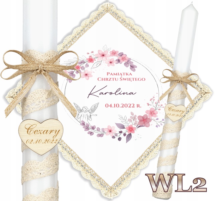 Szatka i świeca do chrztu BOHO Chrzest pudełko grawer serce EKO Topaz WL