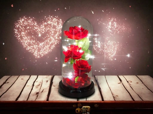 WIECZNA RÓŻA W SZKLE W KOPULE ŚWIECĄCA NA WALENTYNKI LED PREZENT PUDEŁKO