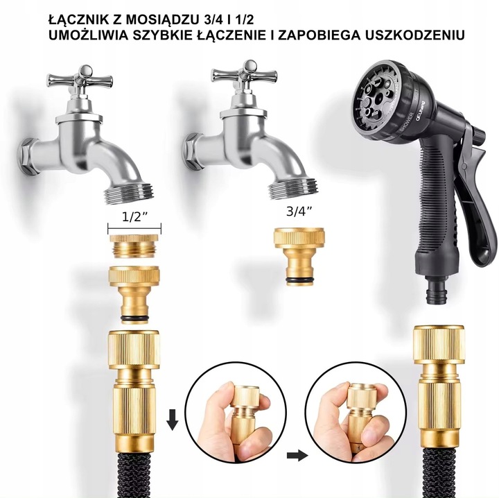 WĄŻ OGRODOWY ROZCIĄGLIWY 30M ZESTAW PISTOLET + PRZYŁĄCZE 1/2-3/4 +