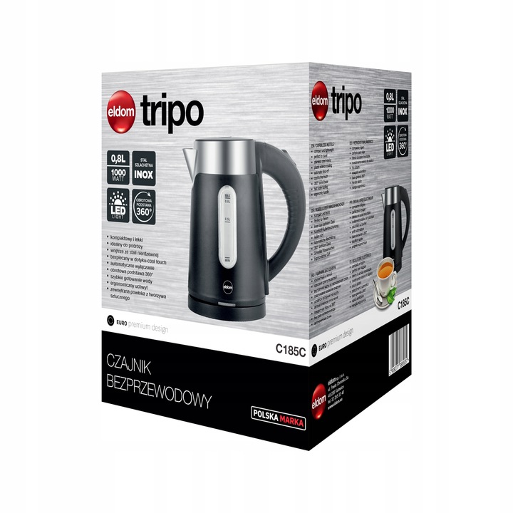 CZAJNIK ELEKTRYCZNY BEZPRZEWODOWY 0,8L CZARNY MAŁY TURYSTYCZNY 1000 W