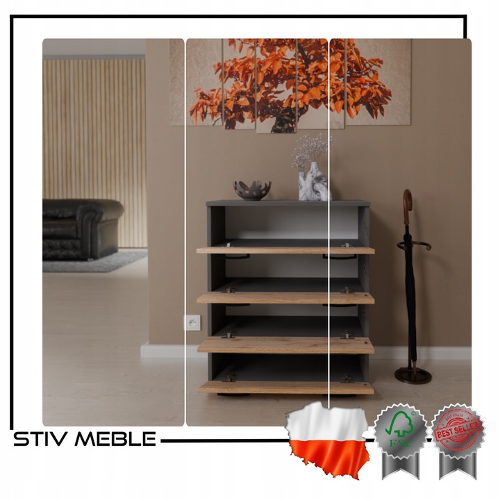 SZAFKA NA BUTY REGAŁ SZARY DĄB WOTAN 71CM 4 PÓŁKI STOJAK BEZ SIEDZISKA