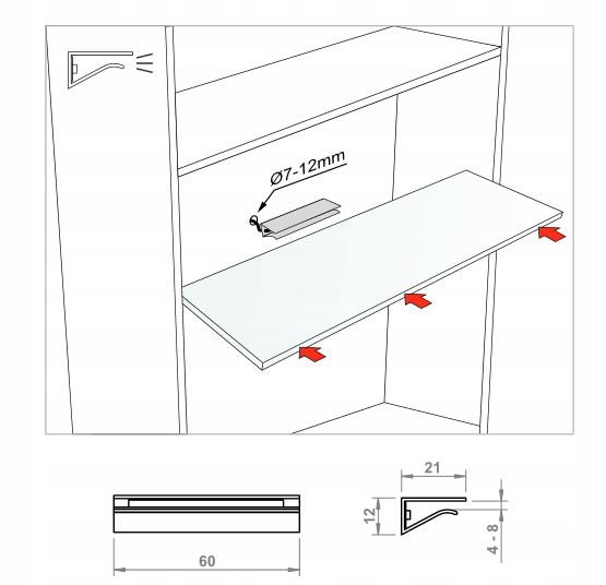 KPL.2x Klips PCV LED do szklanej półki +zasilacz