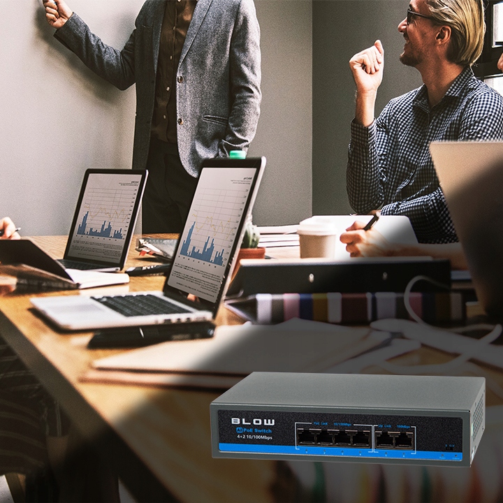 SWITCH POE DO KAMER 4xPOE 100Mbps 2xUpLINK 75W BLOW Extend mode