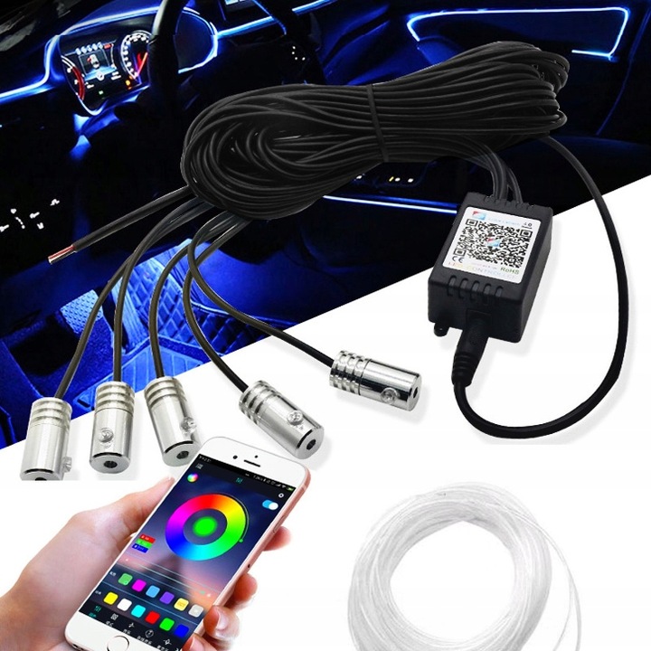 Zestaw Oświetlenia Do Wnętrza Auta Światłowód Ambiente RGB 7M Aplikacja