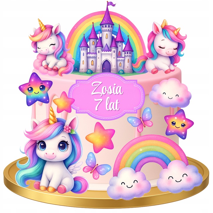 WYDRUK CUKROWY Opłatek na tort JEDNOROŻEC UNICORN TĘCZA KONIKI + TEKST