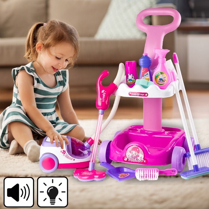 ZESTAW DO SPRZĄTANIA NA WÓZKU Z ODKURZACZEM DŹWIĘK SZCZOTKA MOP DLA DZIECI