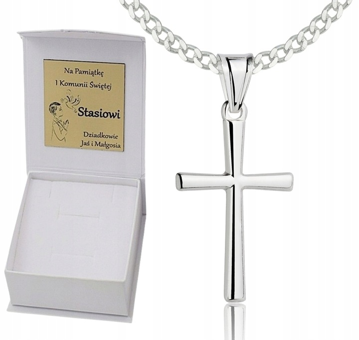 Łańcuszek Srebrny Pancerka z Krzyżykiem na Komunię Chrzest, Grawer Gratis