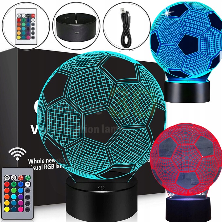 LAMPKA NOCNA DO SYPIALNI DLA DZIECI LED 3D RÓŻNE KOLORY PIŁKA NOŻNA + PILOT