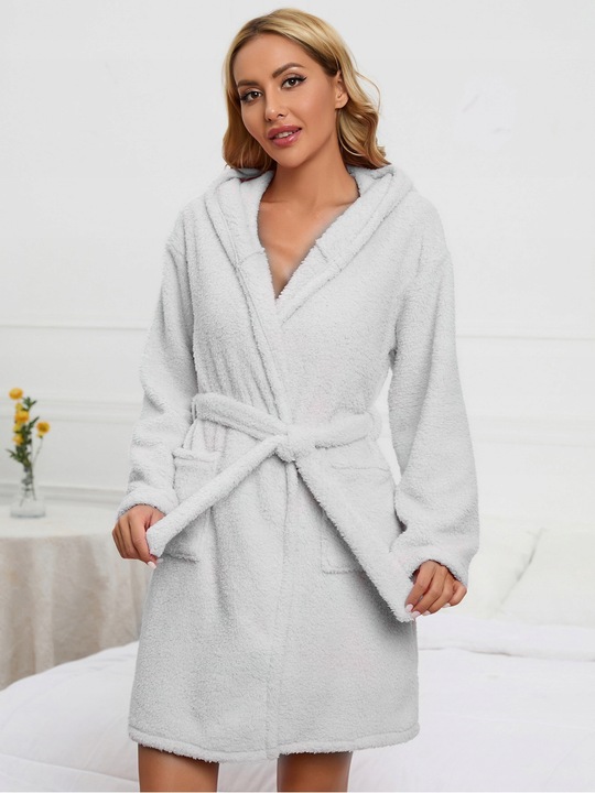 Szlafrok Damski Ciepły Miękki Gruby z Kapturem Szary Wiązany W Talii Zimowy