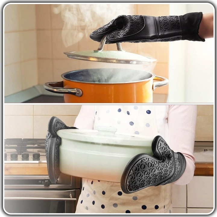 Rękawice KUCHENNE Silikonowe DO Piekarnika Kuchni ŻAROODPORNE 2szt Czarne