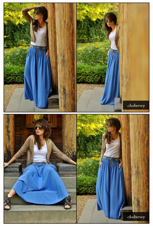 Długa rozkloszowana spódnica styl BOHO chaber