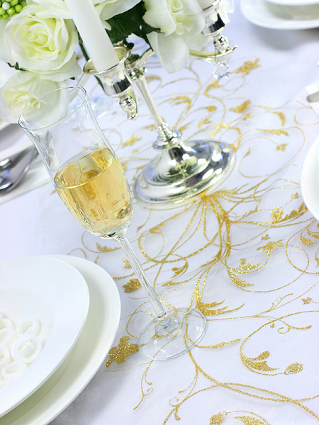 Organza Bieżnik Kremowa Złoty Wzór Dekoracja Stołu Komunia Chrzest Wesele